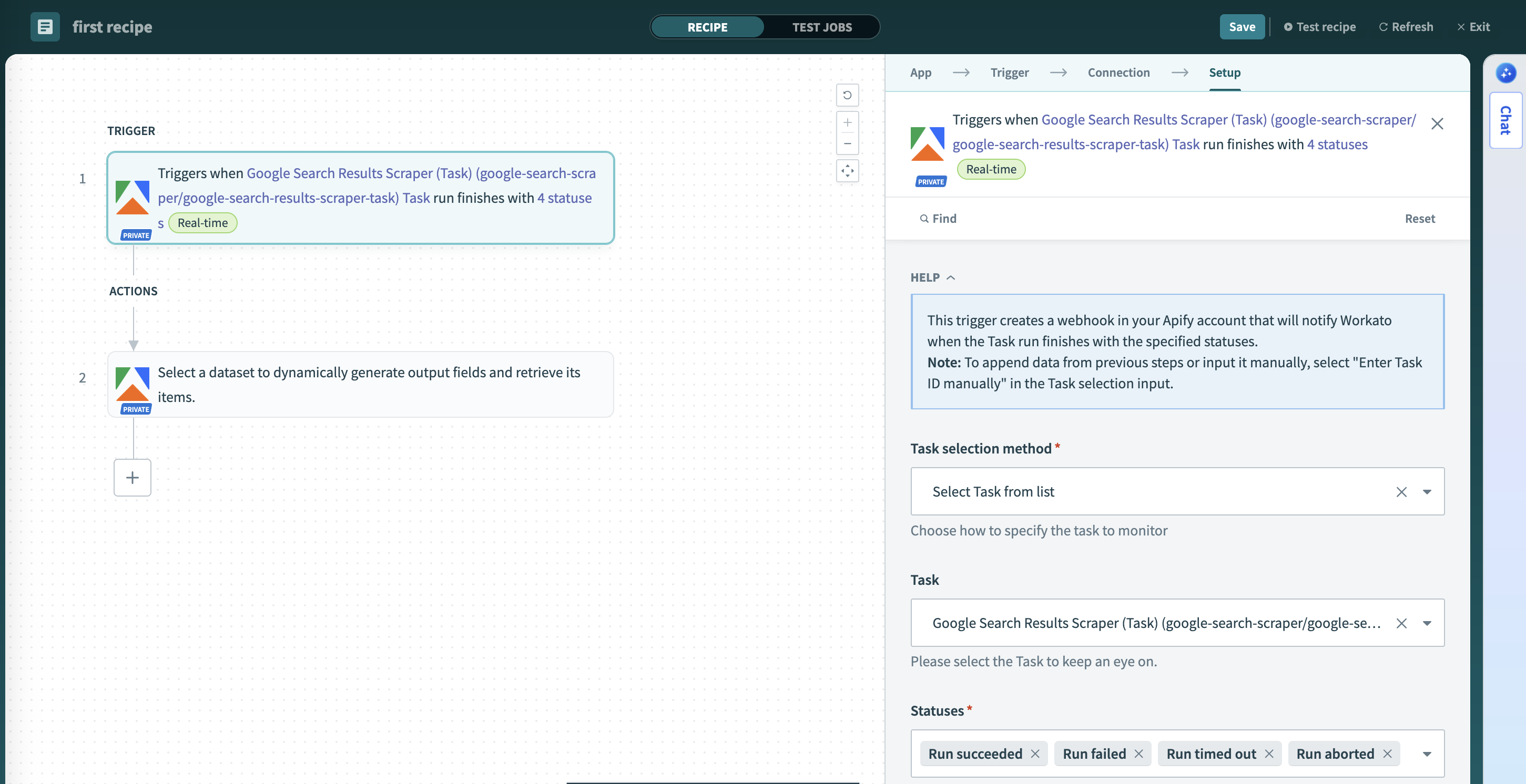 Screenshot of the Task Run Finished trigger configuration in Workato